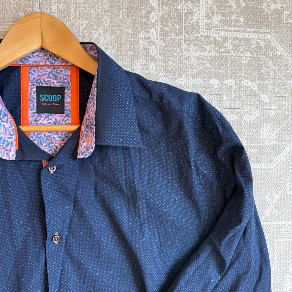 Scoop Men in Town Navy Blue Dotted‎ Button-Down Shirt 1X Long Sleeve